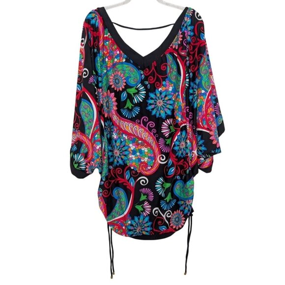 Swim Systems Collection Floral Cover up Womens Size Large Black Dolman Sleeve - Picture 8 of 12